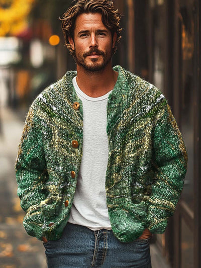 Men's fashion trends abstract texture art print long sleeve sweater cardigan