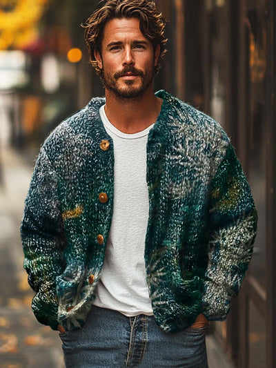 Men's cool temperament bamboo print long-sleeved sweater cardigan