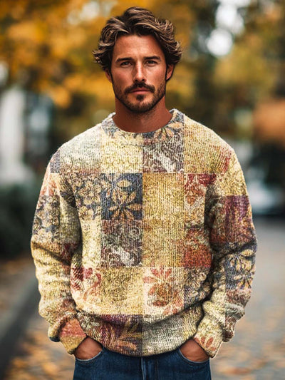 Men's retro chic temperament art print long sleeve crew neck sweater