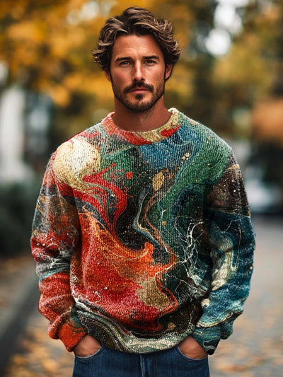 Men's abstract vintage fashion art print long sleeve crew neck sweater