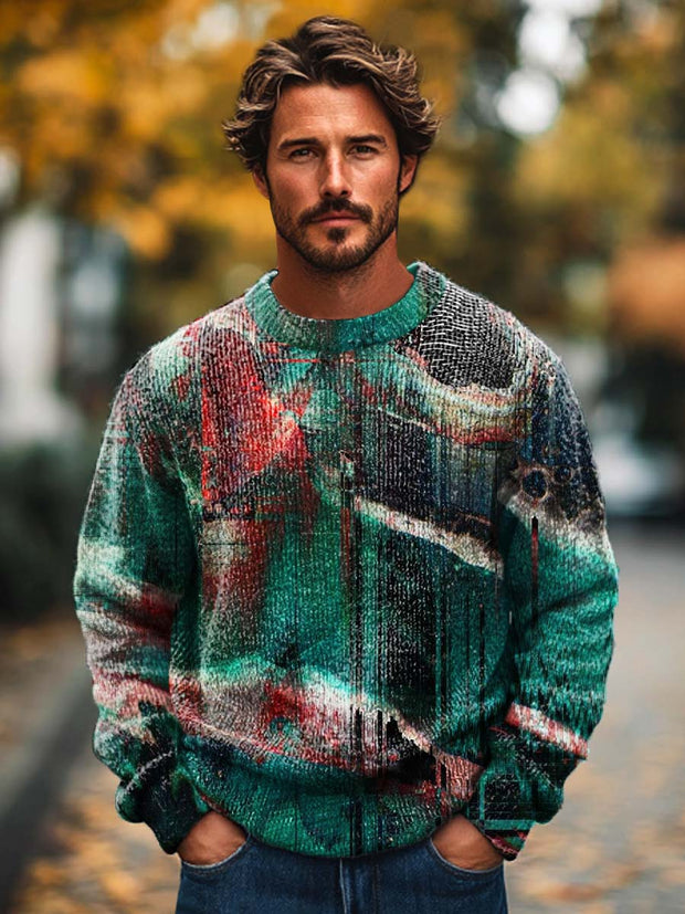 Men's fashion trend art print long-sleeved crewneck sweater