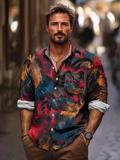 Men's fashion vintage floral art print lapel long sleeve shirt