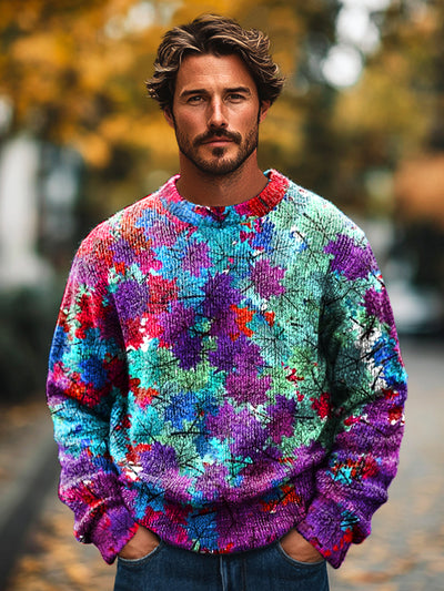 Gentleman Vintage Multicolor Maple Leaf Art Print Knit Crew Neck Pullover Sweatshirt