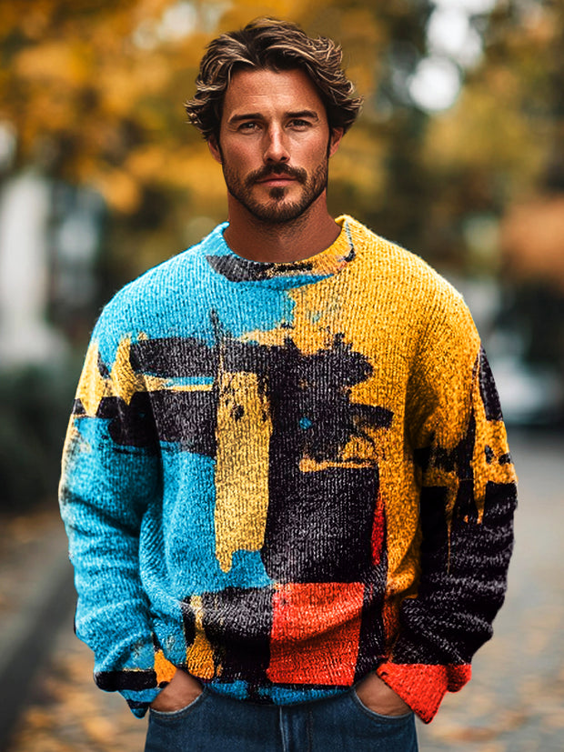 Gentleman's Vintage Abstract Irregular Color Block Art Print Knit Crew Neck Pullover