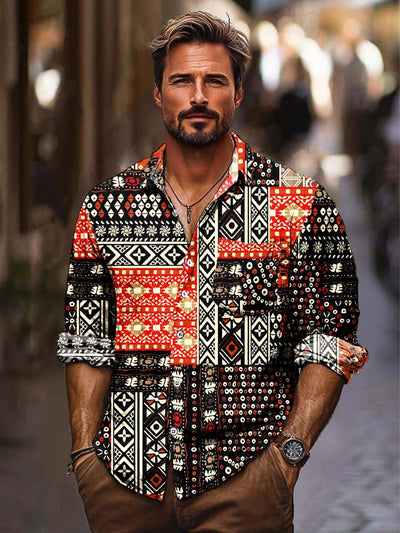 Men's vintage ethnic pattern art print lapel long-sleeved shirt