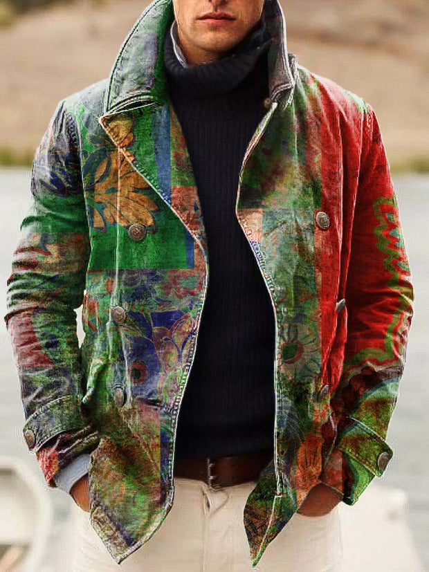 Men's Vintage Trend, Abstract Floral Art Print, Double-breasted Jacket with Rollovers