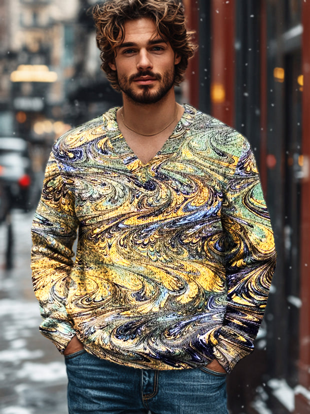 Gentleman's Vintage Multicolor Marbled Art Print Knit V-Neck Pullover