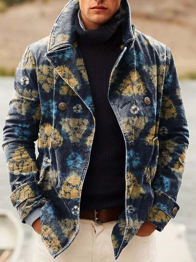 Men's vintage fashion print double-breasted jacket with lapels