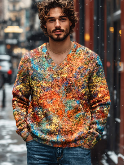 Gentleman's Vintage Multicolor Swoosh Art Print Knit V-Neck Pullover Sweater