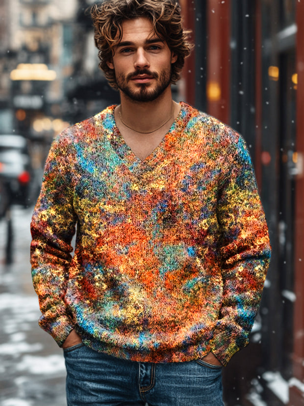 Gentleman's Vintage Multicolor Swoosh Art Print Knit V-Neck Pullover Sweater