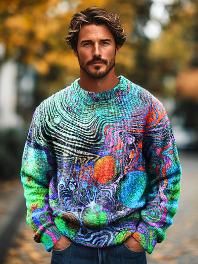 Gentleman's Vintage Undersea Creature Art Print Knit Crew Neck Pullover