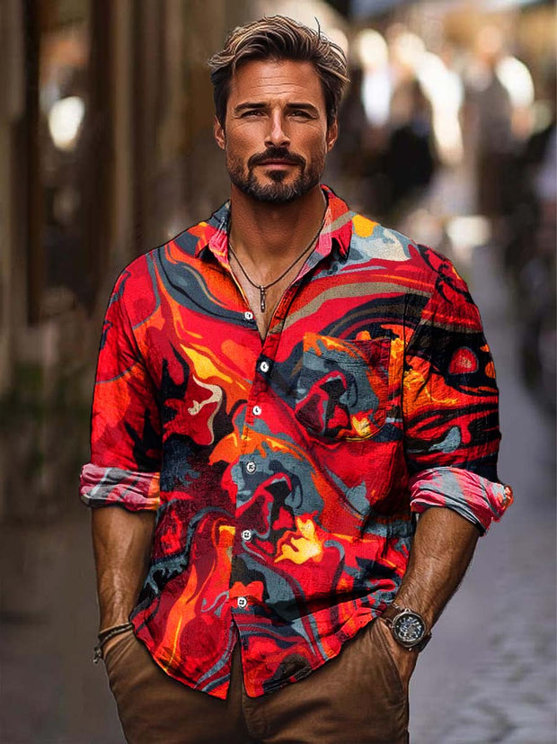 Men's fashion trends abstract art print lapel shirt long sleeve