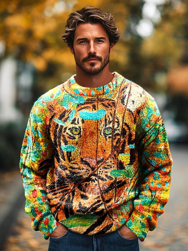 Gentleman Vintage Multicolor Tiger Oil Painting Art Print Knit Crew Neck Pullover Shirt