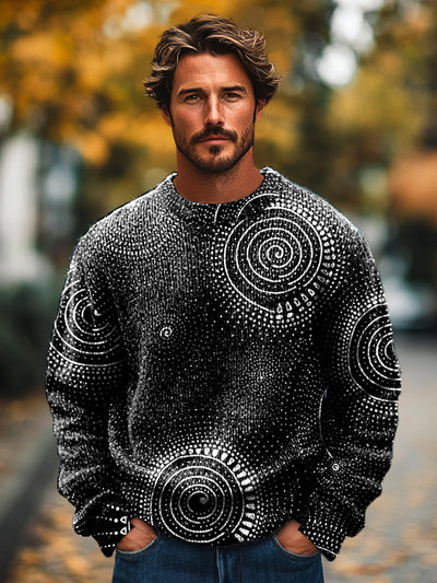 Gentleman Vintage Black and White Line Swirl Art Print Knit Crew Neck Pullover Shirt