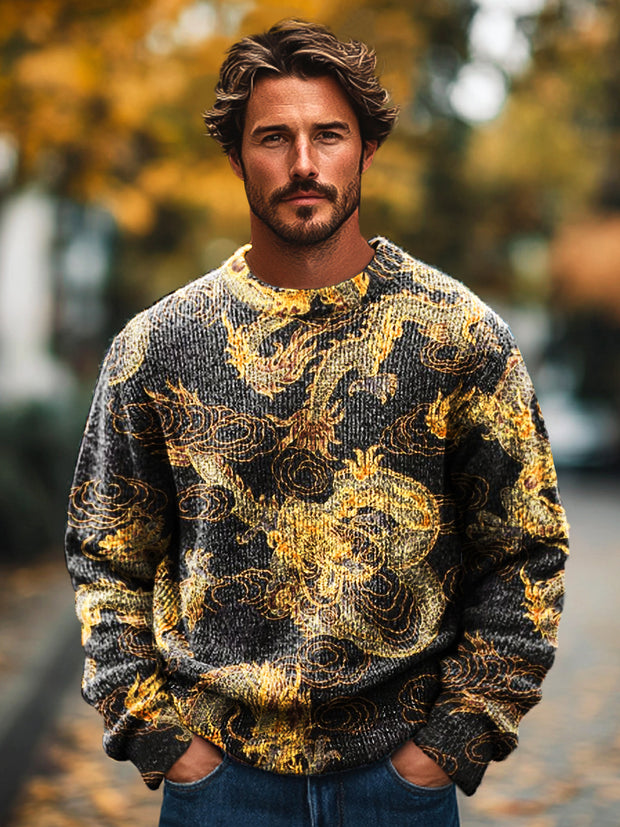 Gentleman Vintage Abstract Dragon Art Print Knit Crew Neck Pullover Sweater