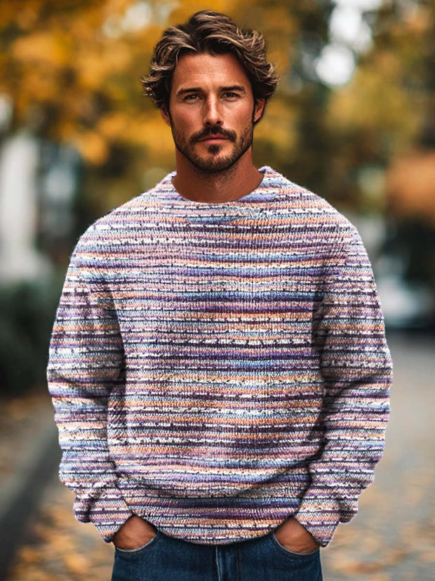 Men's fashion versatile colorful stripe print crewneck sweater