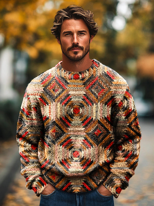 Gentleman Vintage Colorful Geometric Plaid Art Print Knit Crew Neck Pullover Sweater