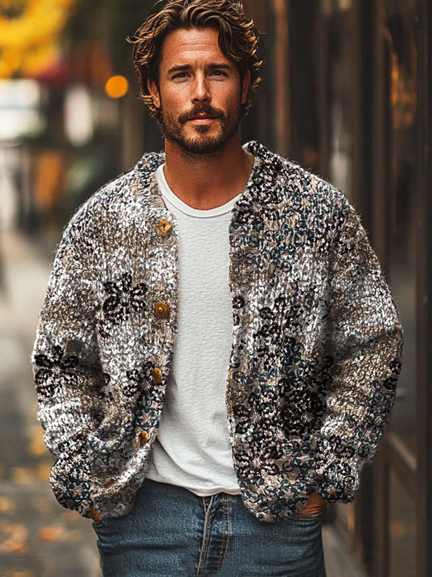 Men's fashion retro versatile printed sweater cardigan