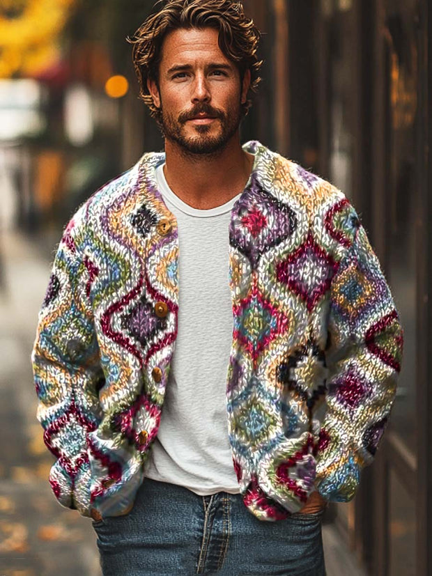 Men's fashion vintage ethnic print sweater cardigan