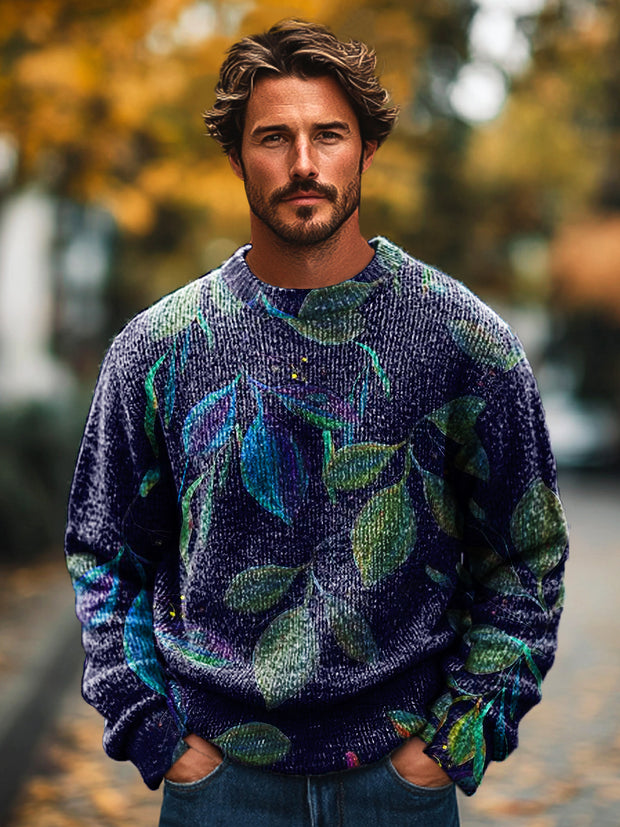 Gentleman Vintage Leaf Art Print Knit Crew Neck Pullover Shirt