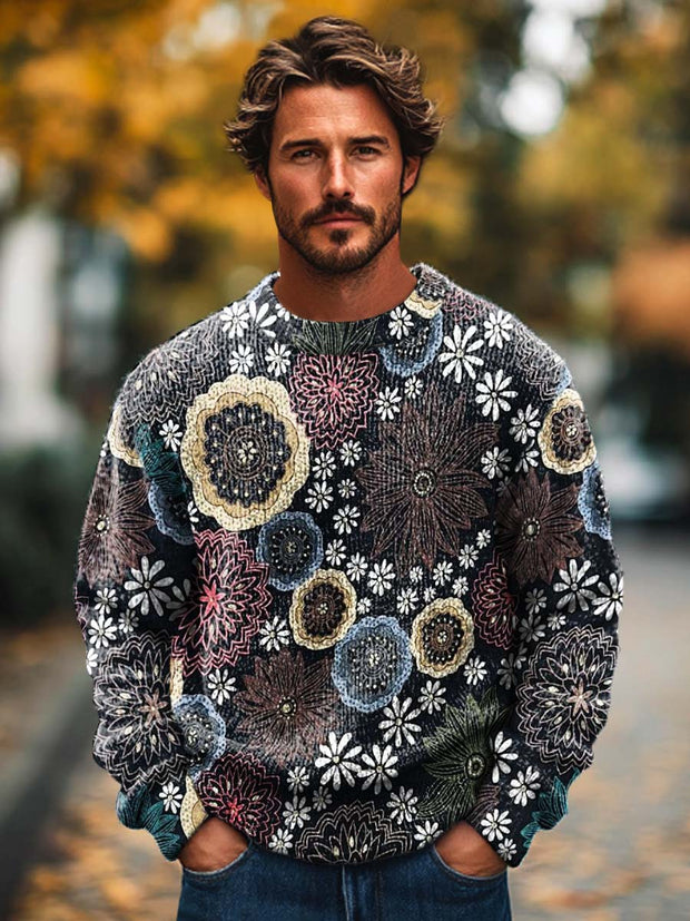 Men's fashion vintage ornamental art print crewneck sweater