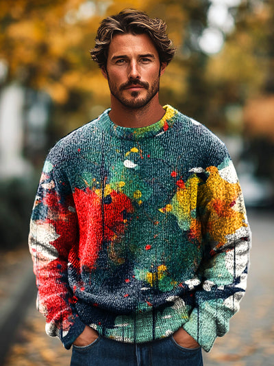 Gentleman Vintage Multicolor Abstract Ink Art Print Knit Crew Neck Pullover