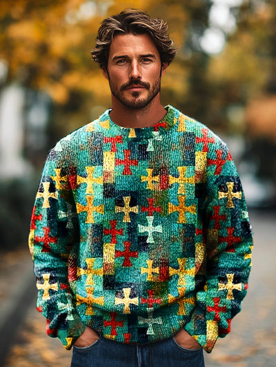 Gentleman Vintage Colorful Cross Art Print Knit Crew Neck Pullover Shirt