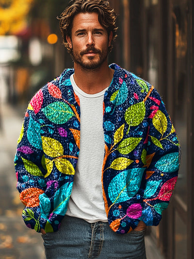 Gentleman Vintage Colorful Leaf Art Print Long Sleeve Sweater Cardigan