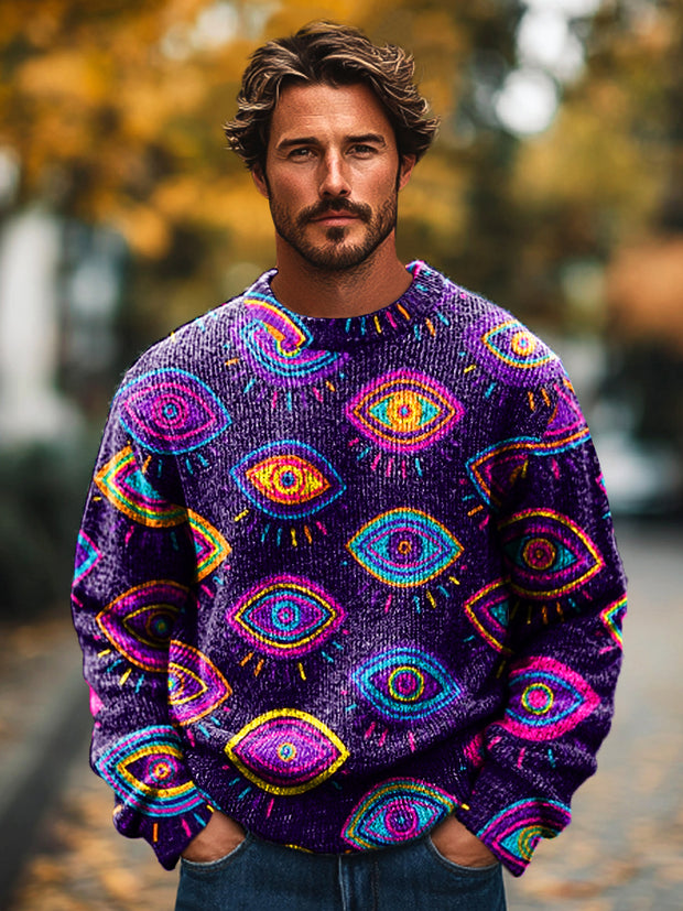 Gentleman Vintage Colorful Eyes Graffiti Art Print Knit Crew Neck Pullover Shirt