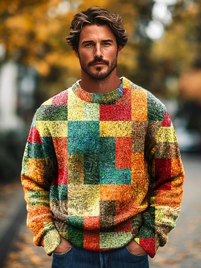 Gentleman's Vintage Colorblock Art Print Knit Crew Neck Pullover Sweatshirt