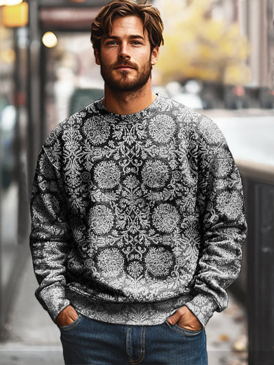 Gentleman Casual Ethnic Floral Art Print Crew Neck Sweatshirt