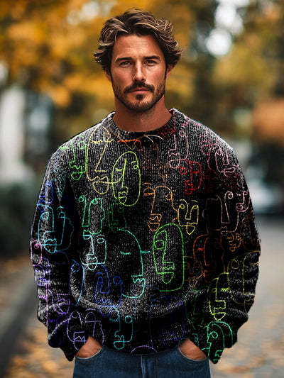 Gentleman Vintage Abstract Colorful Portrait Art Print Knit Crew Neck Pullover Shirt