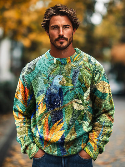 Gentleman Vintage Abstract Parrot Art Print Knit Crew Neck Pullover Sweater