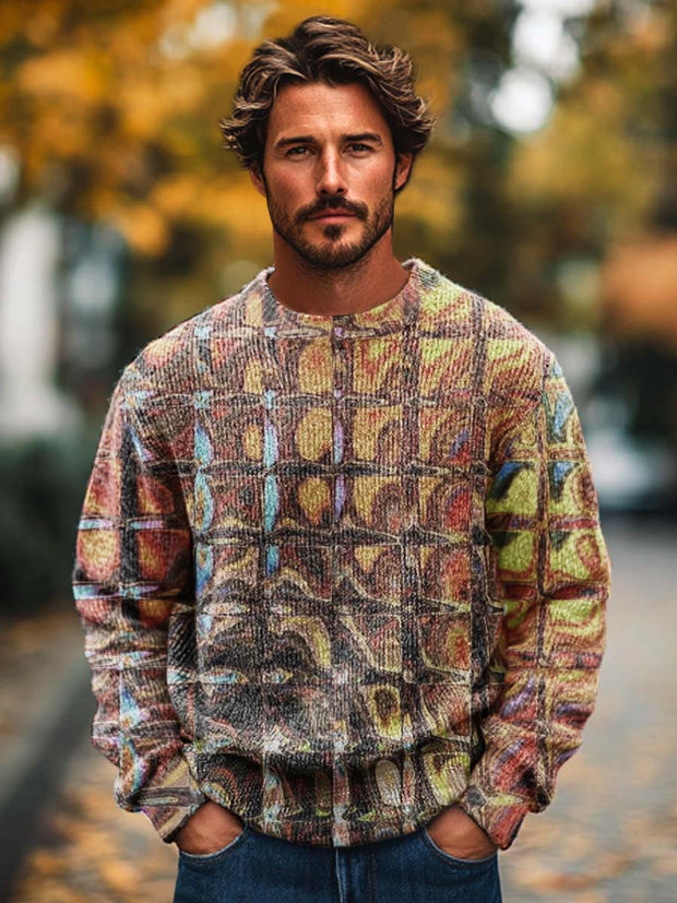 Men's abstract rock candy cube art print long sleeved crewneck sweater