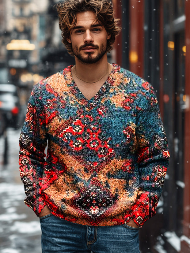 Gentleman Vintage Ethnic Gradient Geometric Art Print Knit V-Neck Pullover Sweater