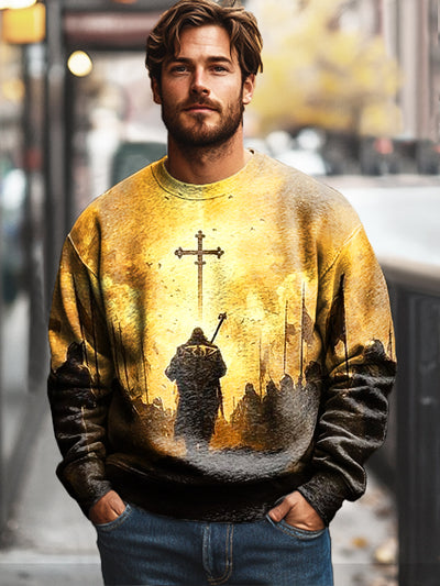 Gentleman's Casual Faith Cross Art Print Cotton Crew Neck Pullover