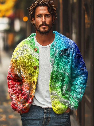 Men's fashion colorful abstract art print long sleeve sweater cardigan