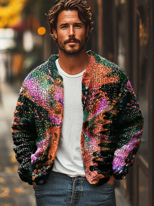 Men's fashion abstract art print long sleeve sweater cardigan