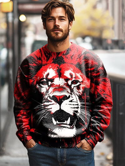 Gentleman's Casual Red Lion Art Print Cotton Crew Neck Pullover