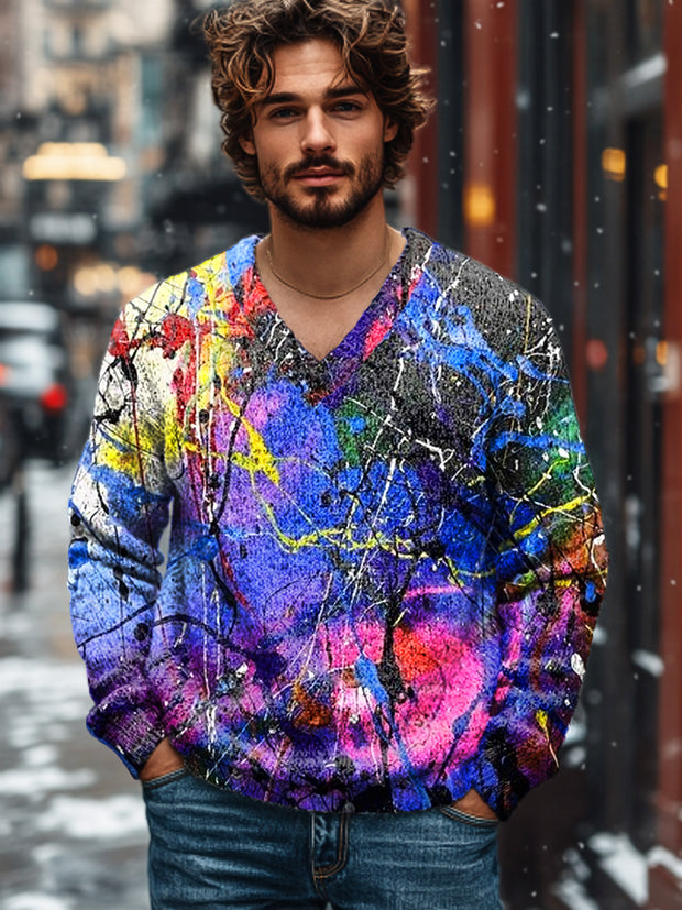 Gentleman's Vintage Multicolor Ink Art Print Knit V-Neck Pullover