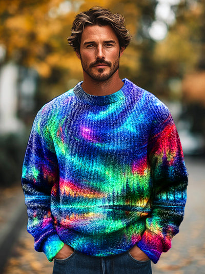 Men's Retro Multicolor Aurora Art Print Knit Crew Neck Pullover