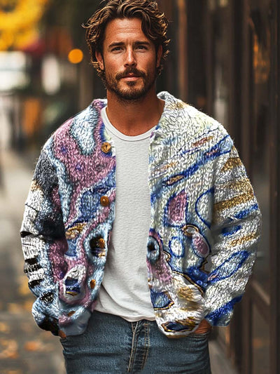 Men's abstract art print long-sleeved sweater cardigan