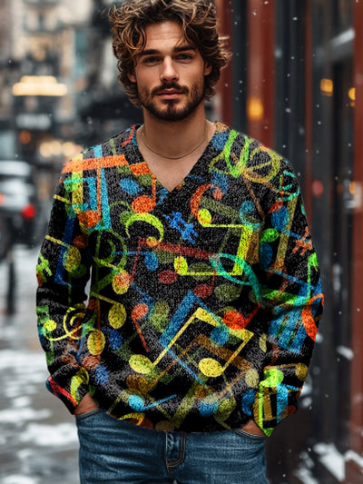 Gentleman's Vintage Multicolor Note Art Print Knit V-Neck Pullover Shirt