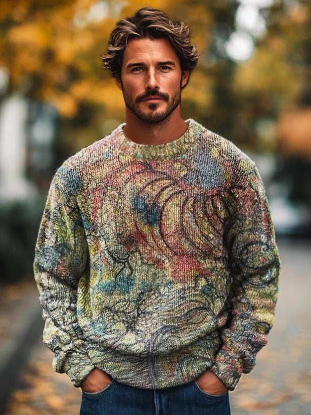 Men's vintage fashion versatile print long sleeve crewneck sweater