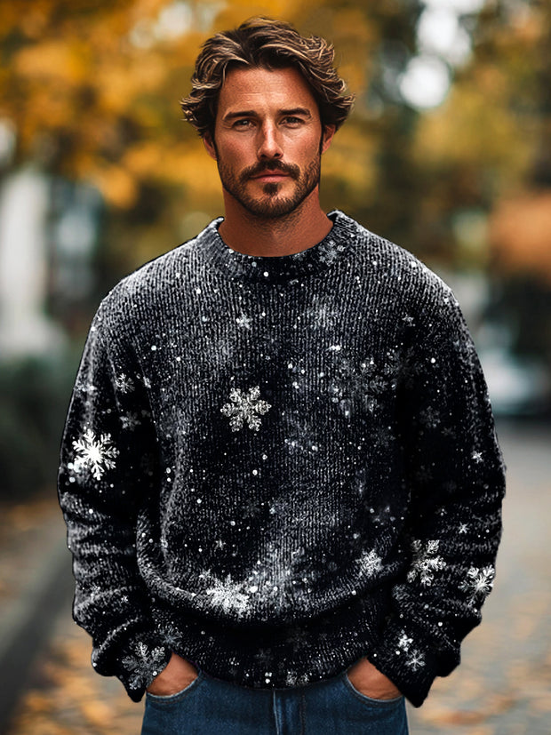 Men's Vintage Black and White Snowflake Art Print Knit Crew Neck Pullover Shirt