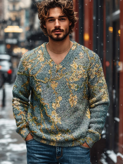 Men's Vintage Abstract Floral Art Print Knit V-Neck Pullover Shirt