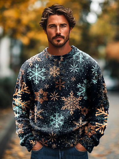 Men's Vintage Colorful Snowflake Art Print Knit Crew Neck Pullover Shirt