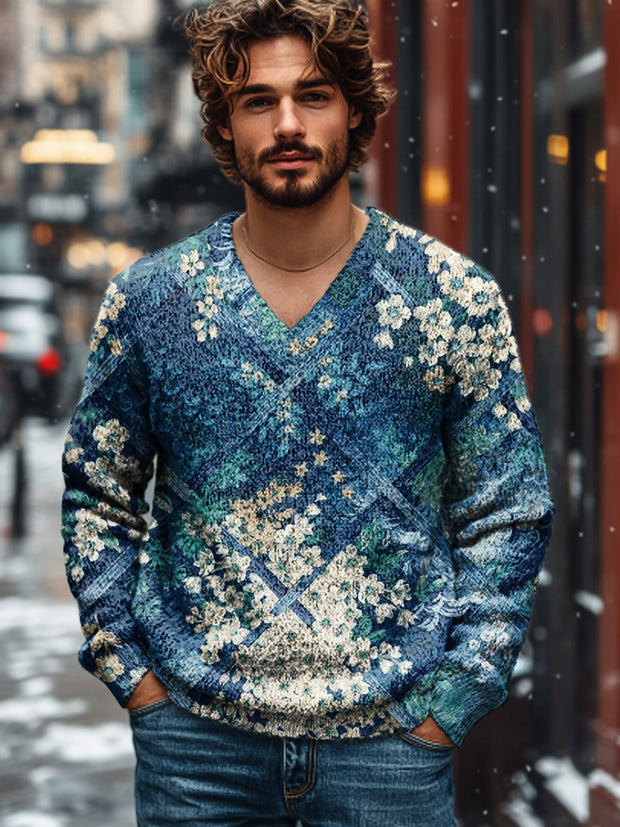 Men's Vintage Geometric Floral Art Print Knit V-Neck Pullover Shirt