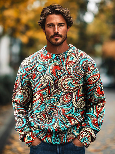 Men's Vintage Ethnic Paisley Art Print Knit Crew Neck Pullover Shirt