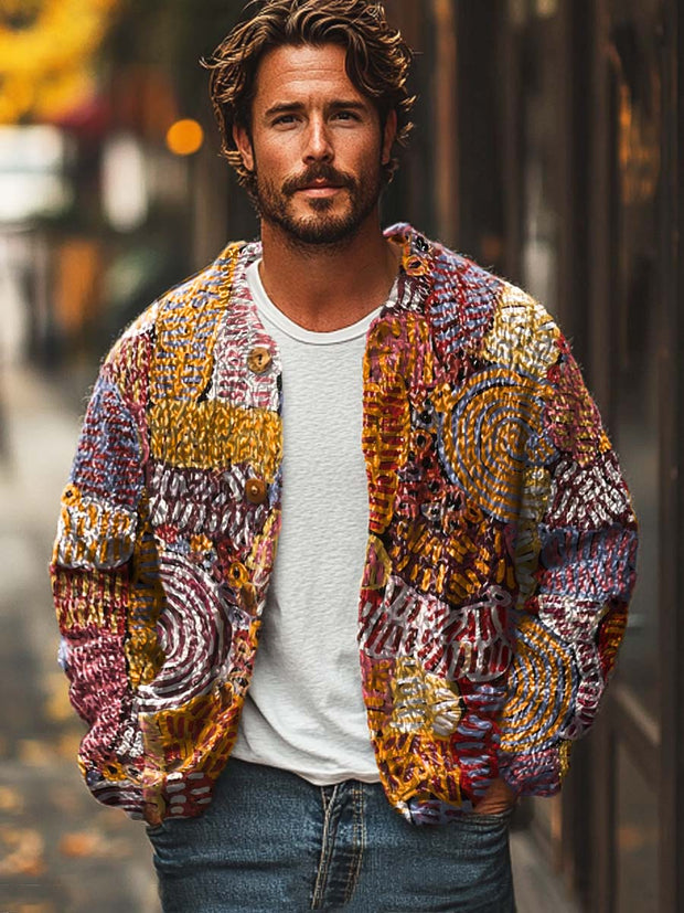 Men's abstract fashion art print long sleeve sweater cardigan